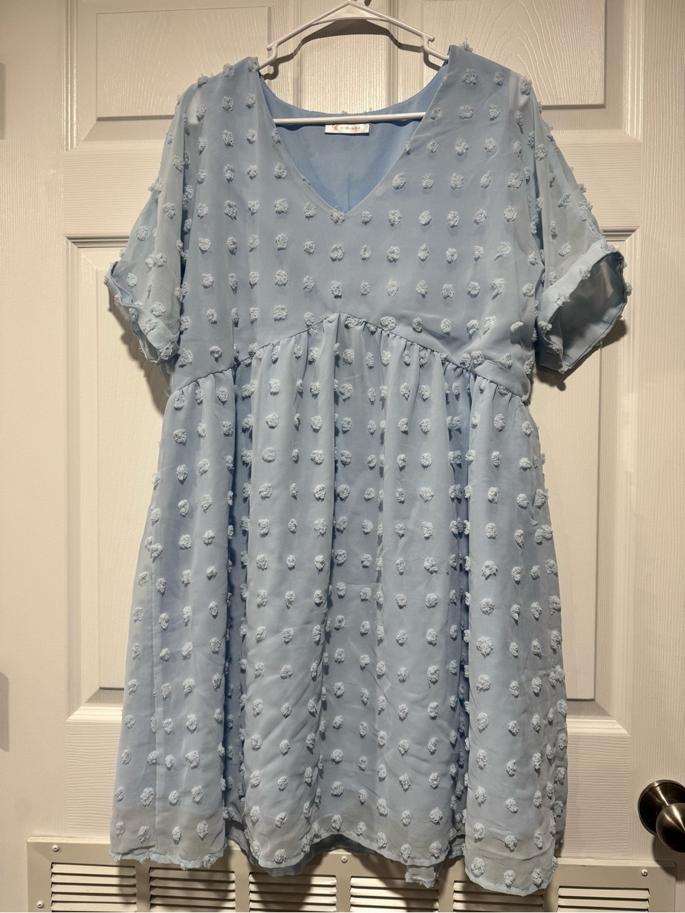 Light Blue Textured Pom-Pom V-Neck Casual Dress